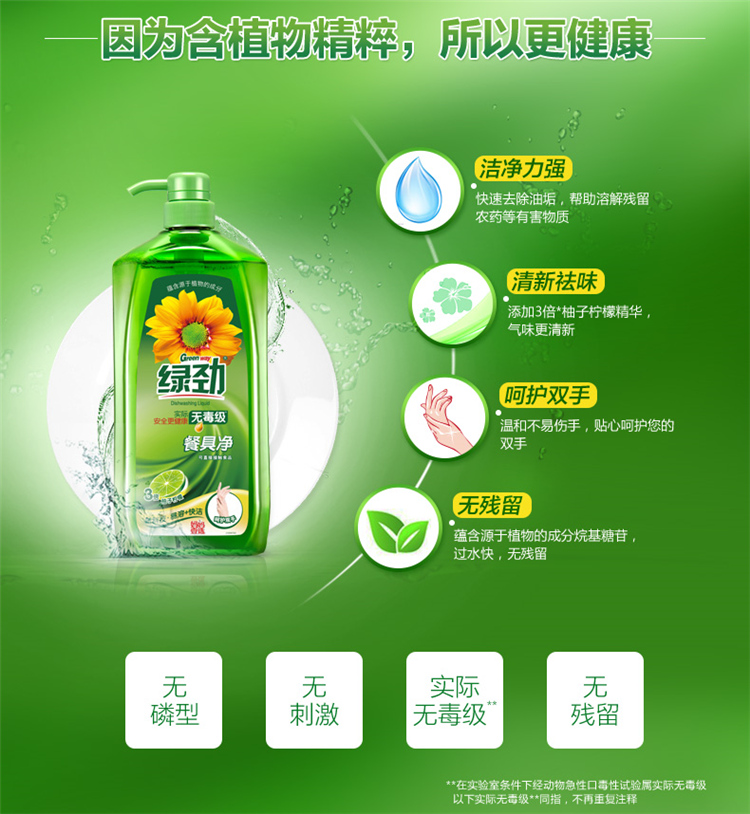 绿劲柚子柠檬餐具净不伤手洗食品用洗洁精去油去腥易溶快洁(图4)